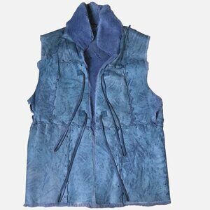VTG MITCHIES Distressed M Shearling Fur Vest Cobalt Blue Artisan Layer Statement